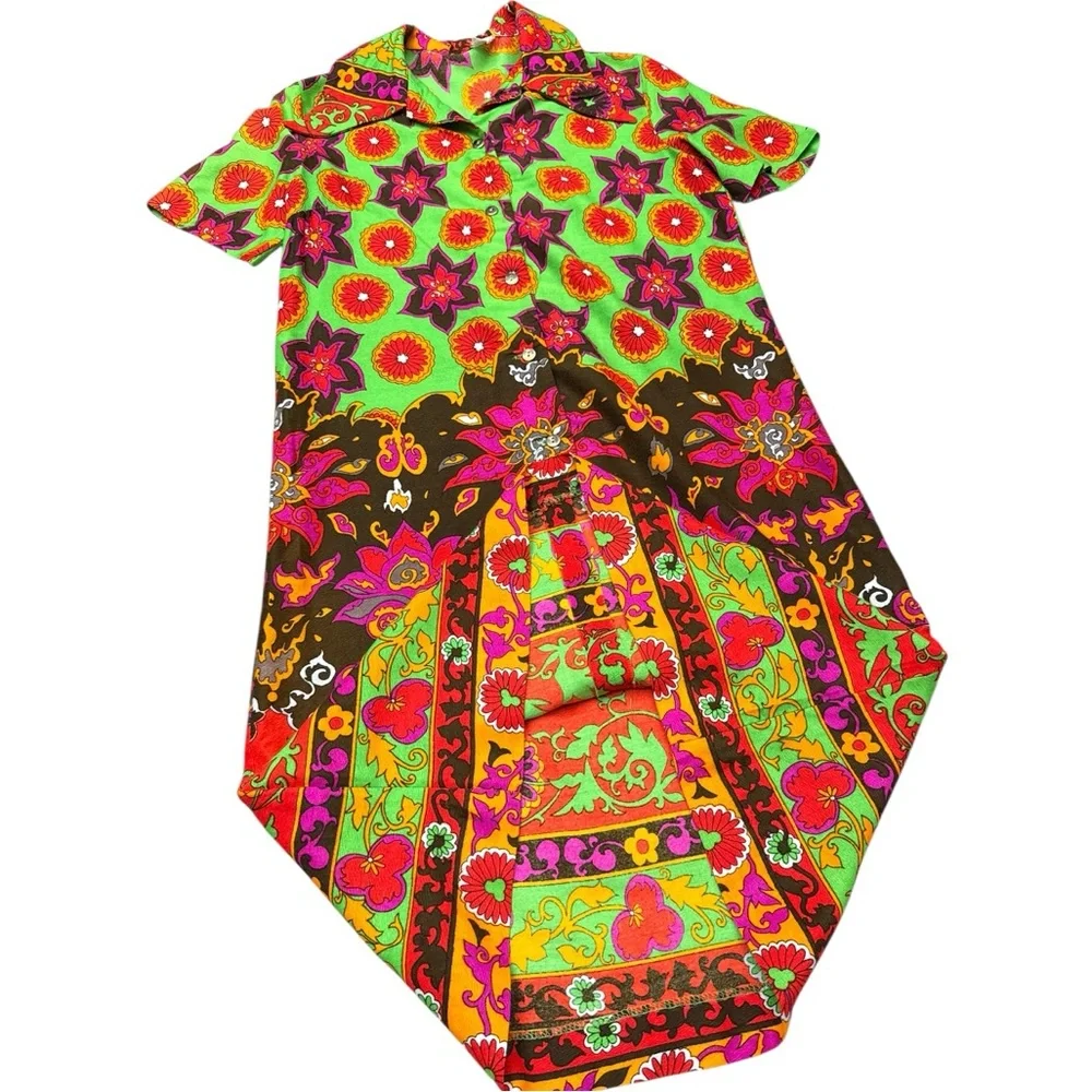 Vintage 1960s Mod Psychedelic Neon Green Floral Pattern Mod Shirt Dress S/M - Picture 13 of 14
